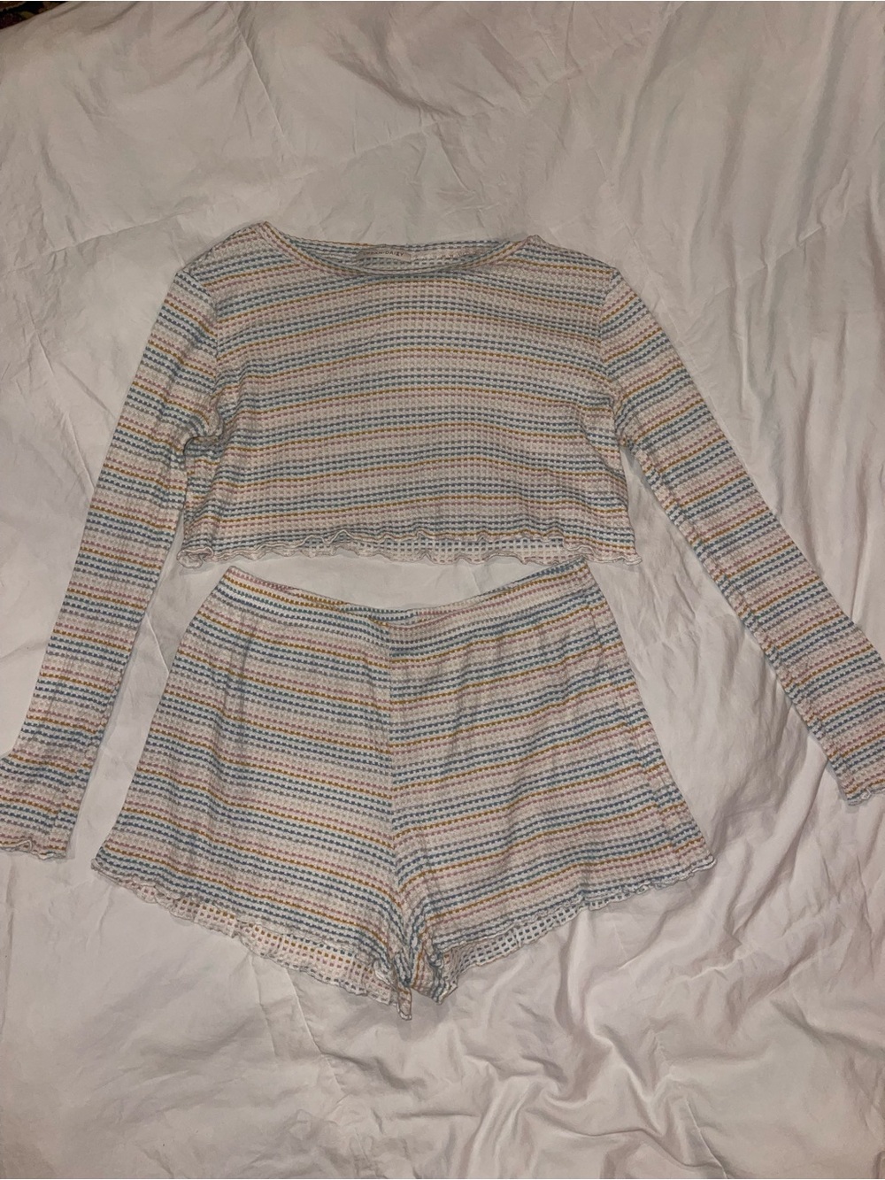 Striped Long Sleeve Crop Top & Shorts Sleep Set - Multicolor